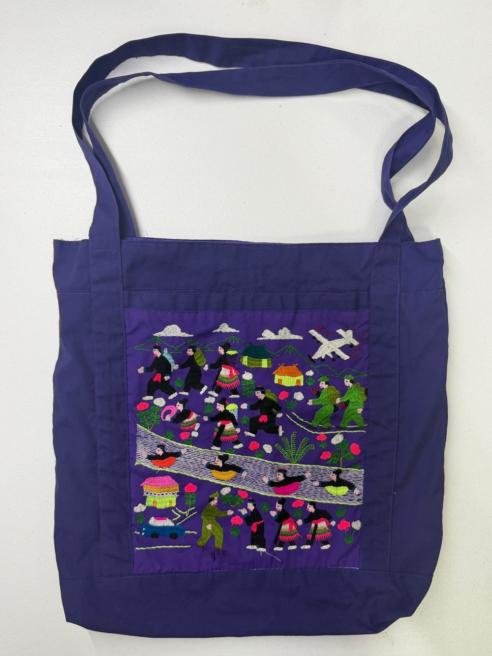 Hmong Story Cloth Tote Bag Hand Embroidered Refugee Migration Folk Art Purple